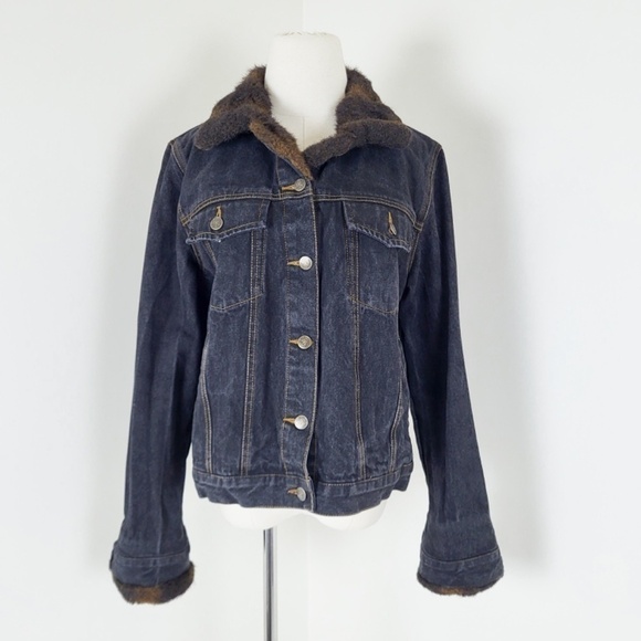 Y2K Denim Jacket Fur Lined Collar Button Up Down Long Sleeve Dark Wash - Picture 10 of 14